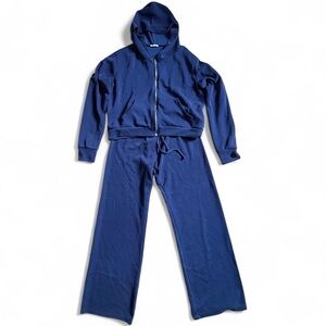 Enti boutique brand navy blue tracksuit set with wide leg pants and hoodie